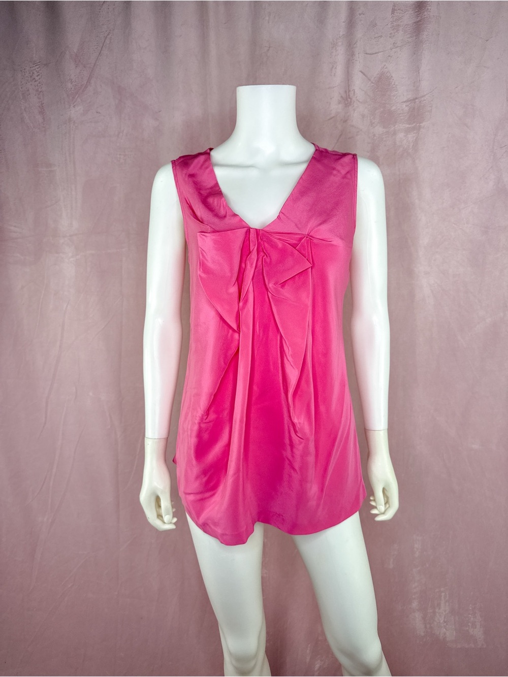 Hanii Y 100% Silk Hot Pink Bow Blouse Tank Top Size Medium